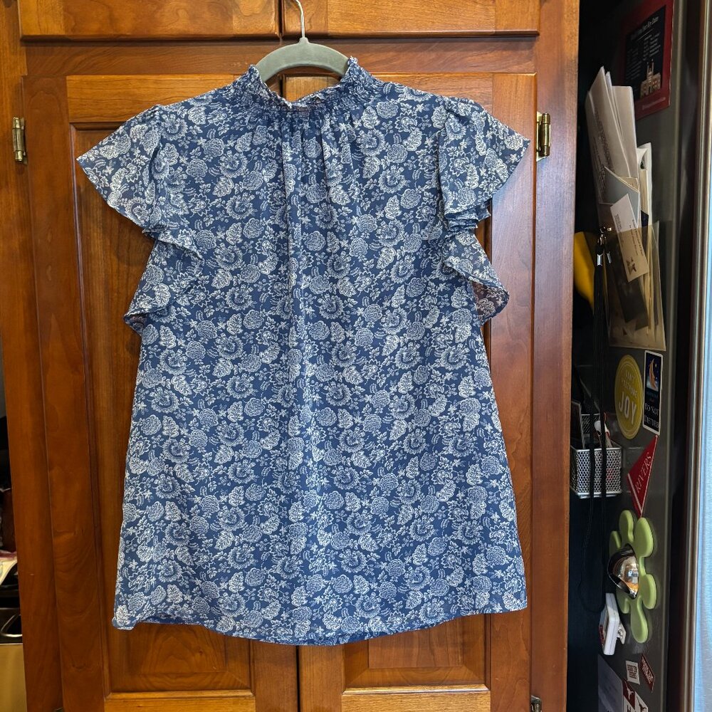 1. State Calico Fans Smocked Neck Flutter Sleeve Top Medium Blue